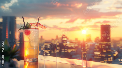Refreshing cocktail at rooftop bar, sunset city view