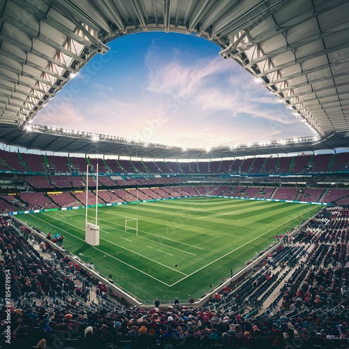 huge rugby stadium with fans and green grass