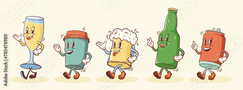 Groovy Beer, Coffee and Champagne Retro Characters Illustration. Cartoon Drink Glass and Can Containers Walking Smiling Vector Food Mascot Template Happy Vintage Beverages Rubberhose Style Drawing