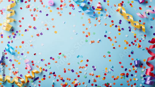 Colorful confetti explosion on pastel blue background. Copy space. Background for design. Generative AI