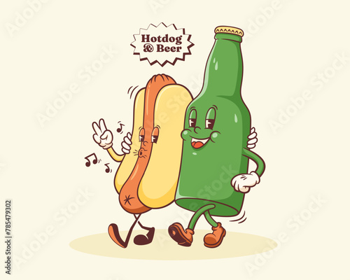 Groovy Hotdog and Beer Retro Character Illustration. Cartoon Sausage, Bun and Bottle Walking Smiling Vector Food Mascot Template. Happy Vintage Cool Fast Food Rubberhose Style Drawing
