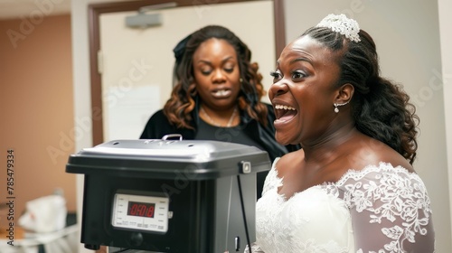 A brides final weighin before her wedding, excited, milestone photo