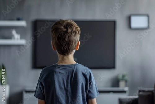 App mockup shoulder view of a boy in front of an smart-tv with a completely grey screen