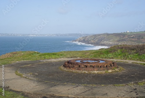 Locmaria-Plouzane, France - Apr 7, 2024: Batterie M.K.B. Toulbroch II. This French battery was re-used by the Germans and expanded during the Second World War. Sunny spring day. Selective focus. photo