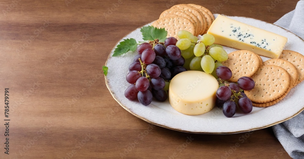 A platter of assorted cheeses with grapes and crackers