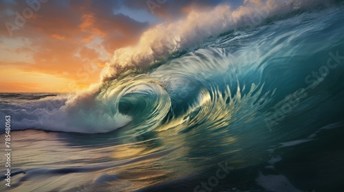 Majestic wave cresting at sunset with vibrant colors and dynamic water motion.