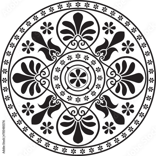 Vector black monochrome classic Greek round ornament. Circle of Ancient Greece and the Roman Empire. Byzantine painting of walls, floors and ceilings. Decoration of European palaces