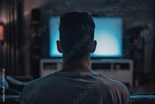 Digital mockup over a shoulder of a man in front of an smart-tv with a fully black screen
