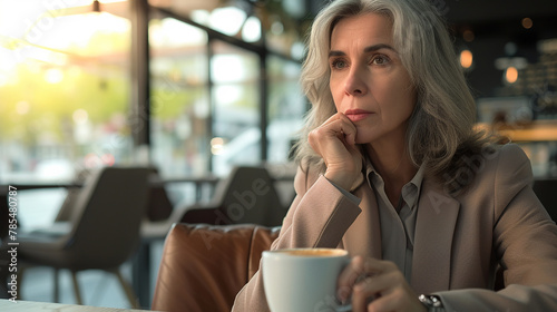 Mature business woman drinking a coffee in a meeting in a restaurant 