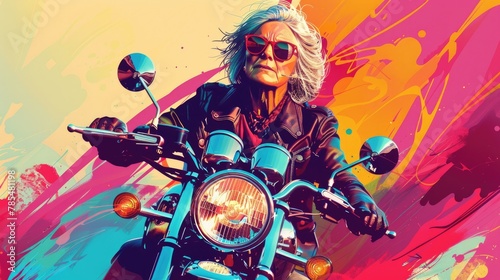 Ageless Rider Mid-aged woman conquers the road on a colorful motorcycle, defying expectations. Captured in a detailed digital illustration photo
