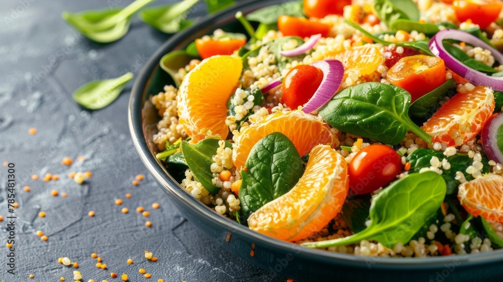 Fresh and colorful vegetable millet salad with red onion, cherry tomatoes, spinach, and tangy citrus dressing - healthy eating concept Fresh and colorful vegetable millet salad with red onion, cherry tomatoes, spinach, and tangy citrus dressing - healthy eating concept