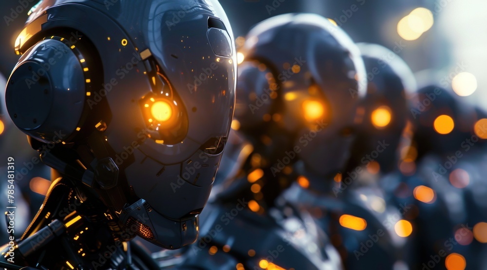 Un groupe de robots futuristes avec des yeux brillants et des lumières orange sur la tête, arrière-plan bokeh dans un style hyperréaliste.