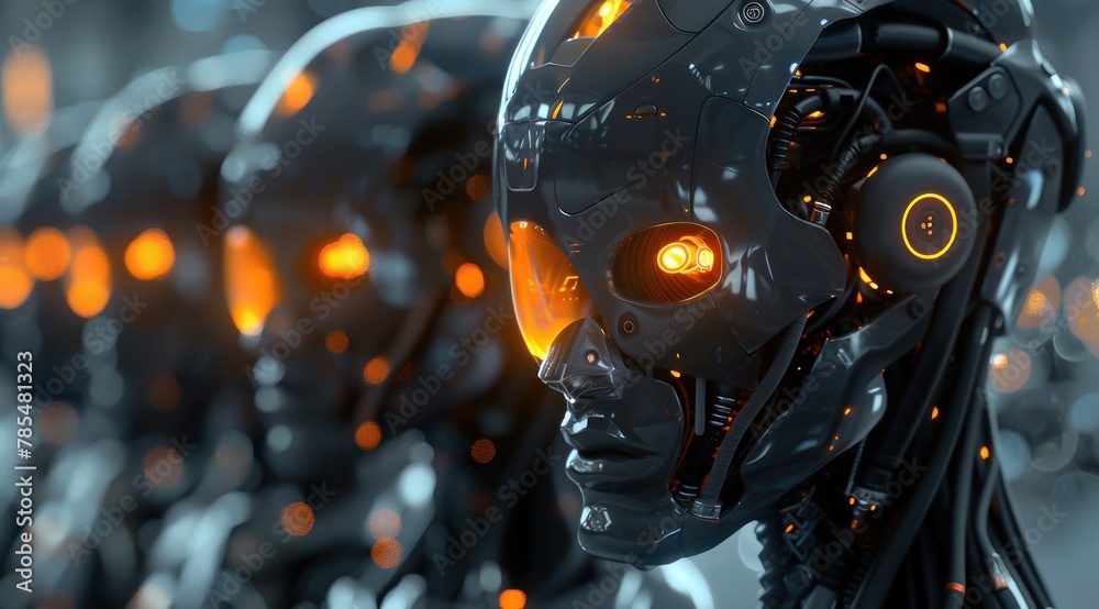 Fototapeta premium Un groupe de robots futuristes avec des yeux brillants et des lumières orange sur la tête, arrière-plan bokeh dans un style hyperréaliste.