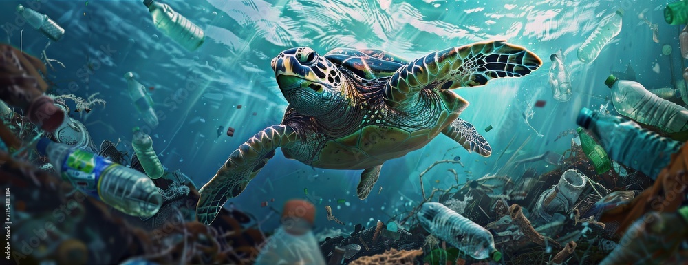 Fototapeta premium Une tortue de mer nageant parmi des bouteilles en plastique et d'autres déchets dans l'océan, mettant en évidence la pollution de l'environnement.