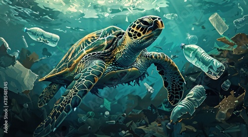 Une tortue de mer nageant parmi des bouteilles en plastique et d'autres déchets dans l'océan, mettant en évidence la pollution de l'environnement. photo