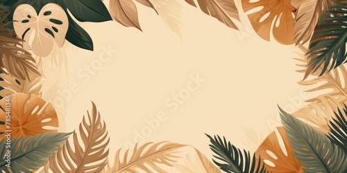 Tropical plants frame background with tan blank space for text on tan background, top view. Flat lay style. ,copy Space flat design