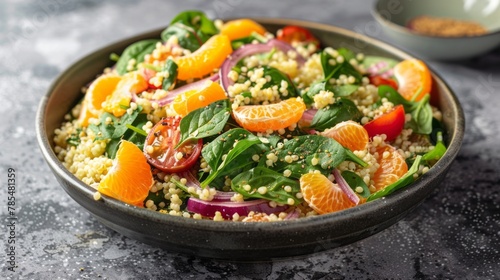 Fresh and colorful vegetable millet salad with red onion, cherry tomatoes, spinach, and tangy citrus dressing - healthy eating concept