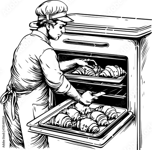 This image vividly captures a baker attentively removing fresh bread from the oven, ideal for themes of craftsmanship and culinary expertise.