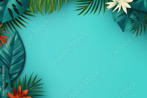 Tropical plants frame background with teal blank space for text on teal background, top view. Flat lay style. ,copy Space flat design vector illustration 