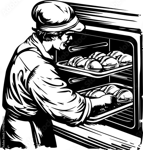 This image vividly captures a baker attentively removing fresh bread from the oven, ideal for themes of craftsmanship and culinary expertise.