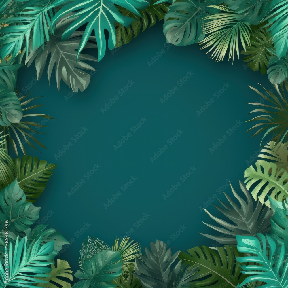 Tropical plants frame background with turquoise blank space for text on turquoise background, top view. Flat lay style. ,copy Space