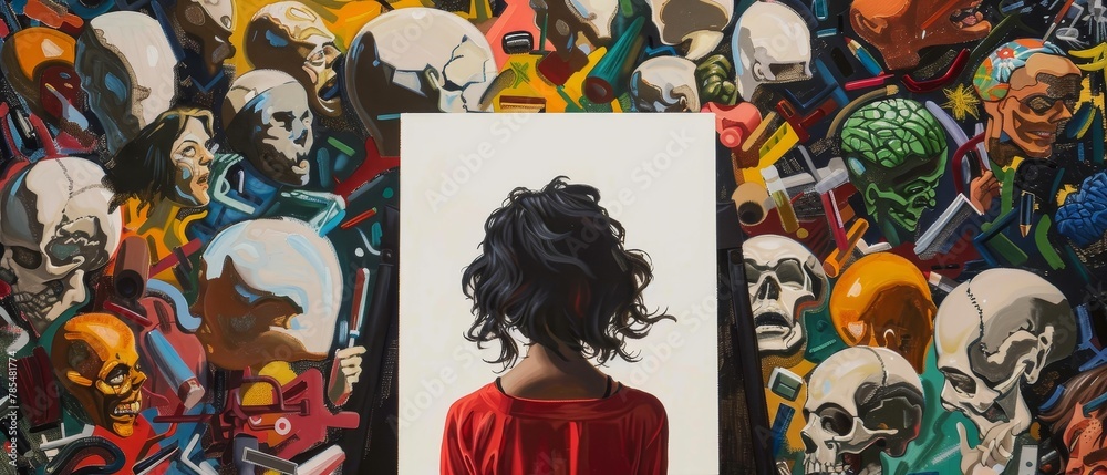 Artist struggling with creative block, canvas blank, mind crowded Artist struggling with creative block, canvas blank, mind crowded