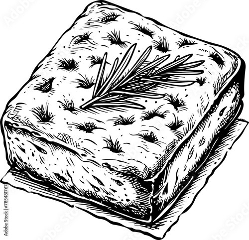 a hand-drawn sketch of rosemary focaccia bread, capturing its rustic charm, ideal for culinary content and recipe visuals.