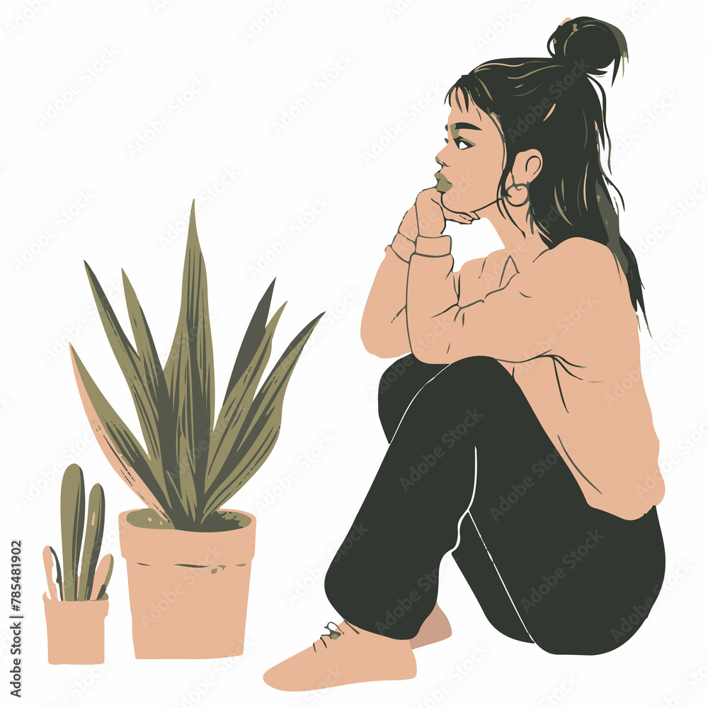 A girl sits near a flower.