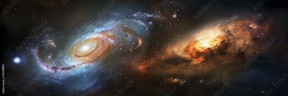 Obraz premium An awe-inspiring view of two spiral galaxies merging in the vastness of space, showcasing the majesty of the cosmos