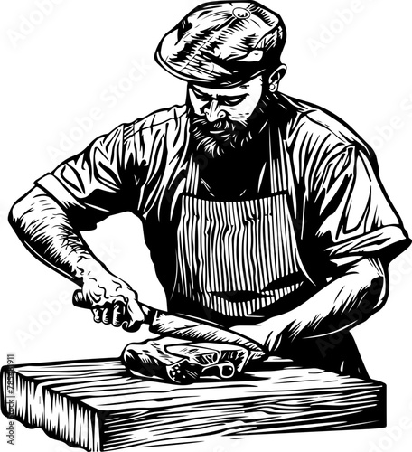 traditional butchery, featuring a skilled artisan inspecting meats in a storeroom and others carefully cutting and preparing meats on a block.