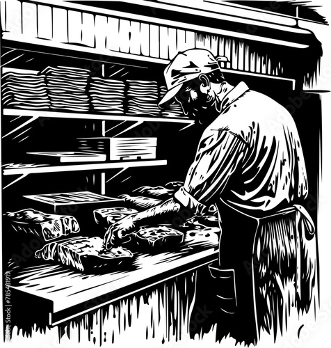 traditional butchery, featuring a skilled artisan inspecting meats in a storeroom and others carefully cutting and preparing meats on a block.