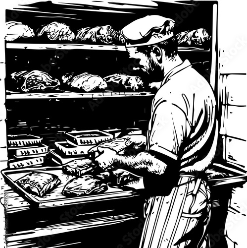 traditional butchery, featuring a skilled artisan inspecting meats in a storeroom and others carefully cutting and preparing meats on a block.