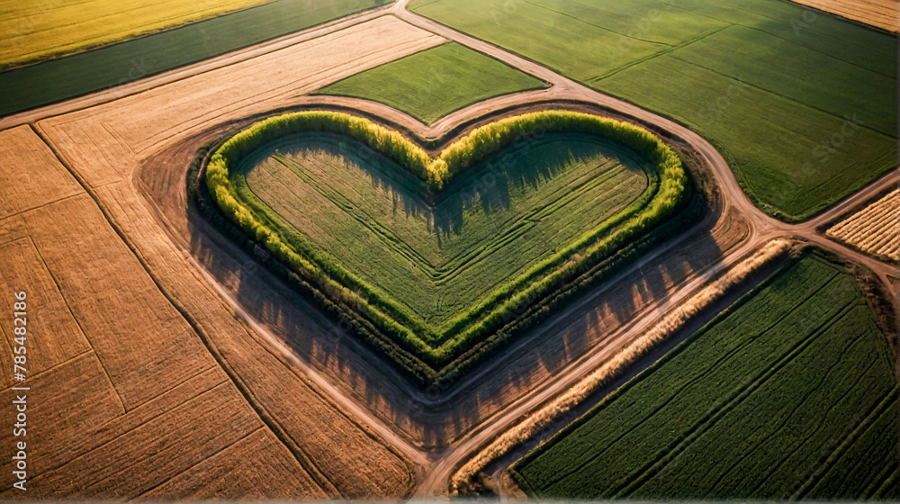 Naklejka premium Aerial view of agricultural field in shape of heart. Concept of sustainable farming, love for nature and countryside