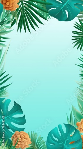 Tropical plants frame background with turquoise blank space for text on turquoise background  top view. Flat lay style.  copy Space
