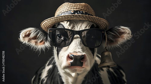 cow with sunglasses and hat infront a black backgound photo