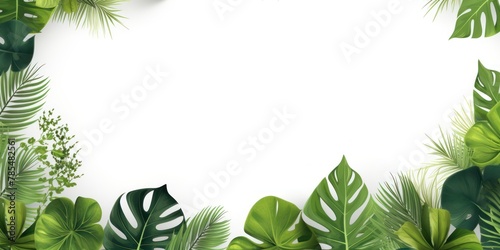 Tropical plants frame background with white blank space for text on white background, top view. Flat lay style. ,copy Space flat design