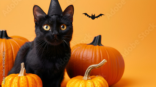 Black cat wearing a witch hat between orange pumpkin, generative ai © Neelam