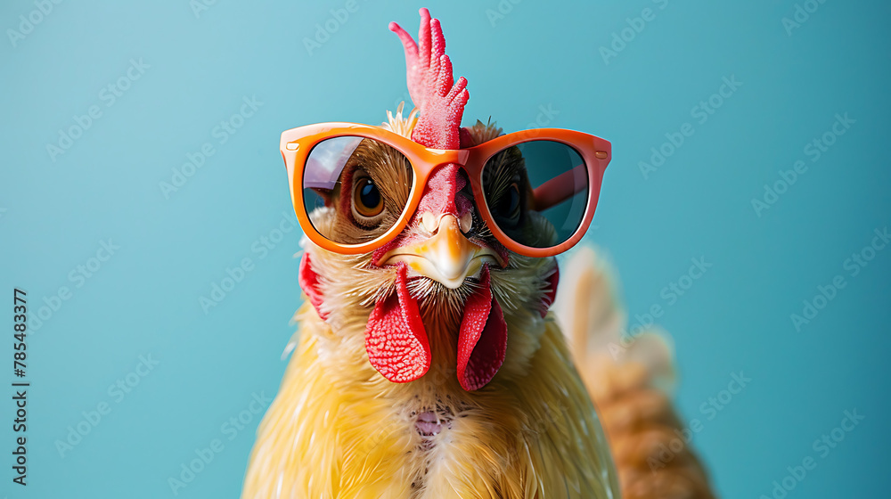 chicken with orange sunglasses on blue background - obrazy, fototapety, plakaty 