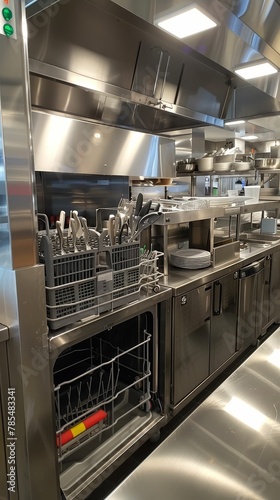 Automated dishwashers in a bustling restaurant kitchen, efficiency, high volume