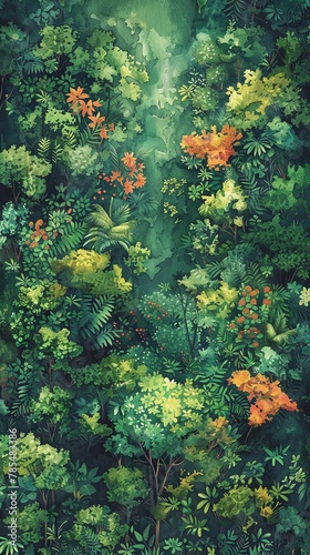 Capture a breathtaking birds-eye view of a lush, vibrant forest in vivid watercolor, showcasing intricate details of diverse flora and fauna © HDP-STUDIO