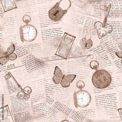 Monochrome seamless pattern in vintage style with keys, pocket watch, butterflies and old newspapers. Hand-drawn watercolor illustration.