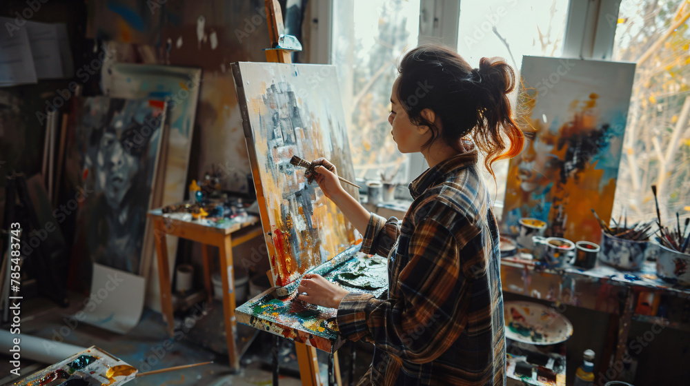 The artist paints a picture in her studio