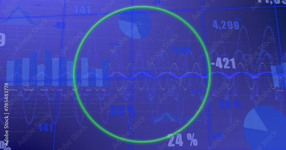 Image of green round banner with copy space over statistical data processing on blue background