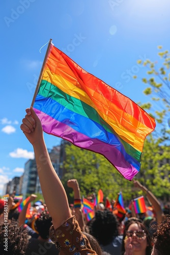 A rainbow LGBT flag flies against a blue sky