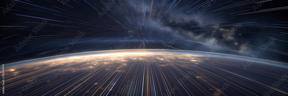 The incredible view of Earth's glowing atmosphere during an orbit captured with a sense of immense speed and motion The incredible view of Earth's glowing atmosphere during an orbit captured with a sense of immense speed and motion