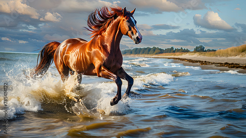 Chestnut horse galloping on shore, fragment of painting © Prasanth
