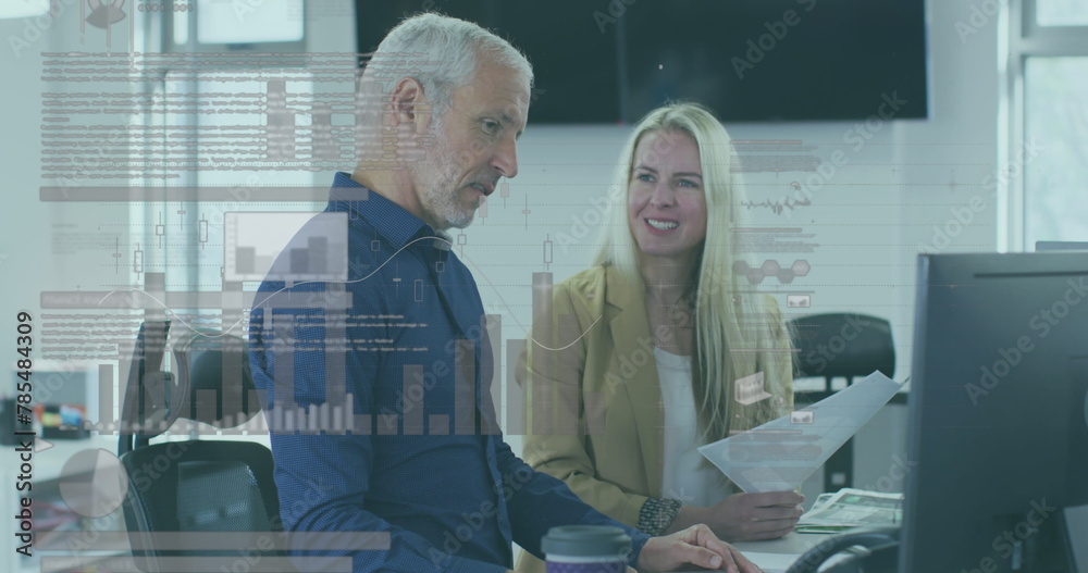 Naklejka premium Image of financial data processing over cacuasian business people in office