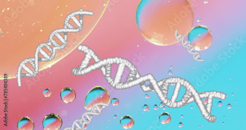 Image of bubbles over dna strands on colorful background