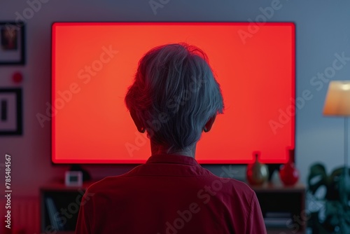 Device screen seen from a shoulder of a mature woman in front of an smart-tv with a completely red screen