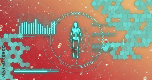 Image of data processing with human skeleton over bubbles on red background